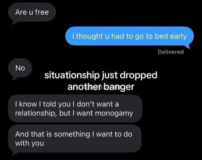 Text exchange showcasing the audacity of a man demanding monogamy without wanting a relationship