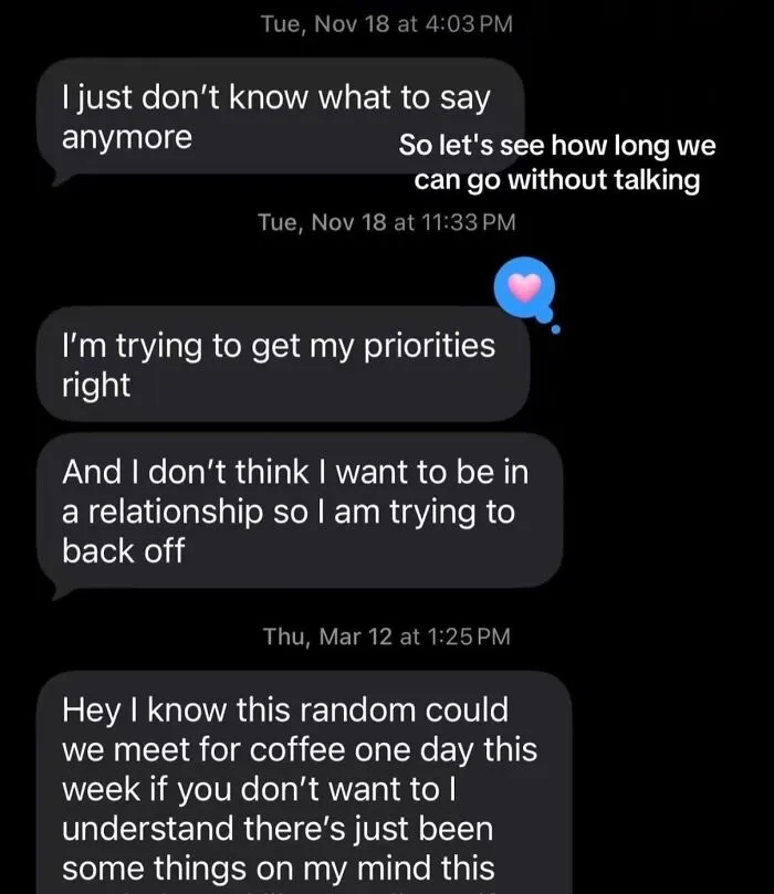 Chat messages from a man showing audacity by asking to meet up after saying he doesn't want a relationship
