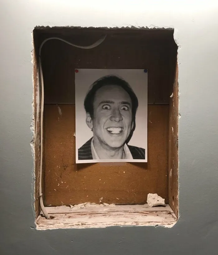 A picture of Nicolas Cage inside a recessed wall niche in a house showing unusual interior design.