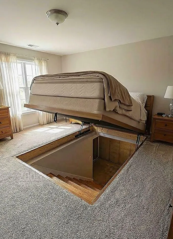 A bed lifting up to reveal secret stairs, a testament to houses with unique vision.