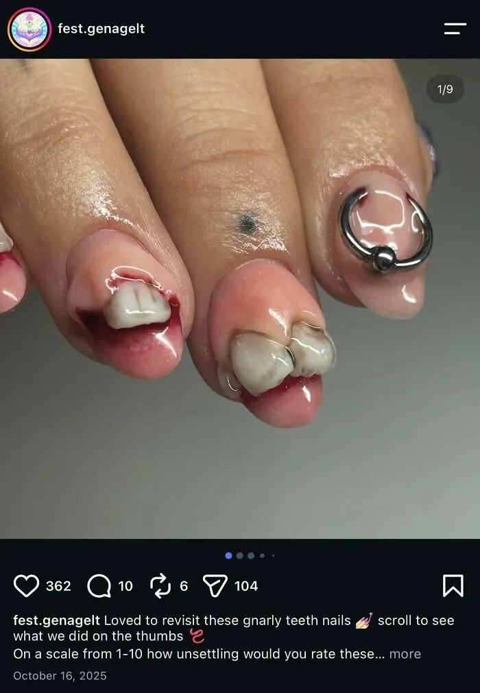 Creepy nail art with realistic teeth, one of many awful creations.