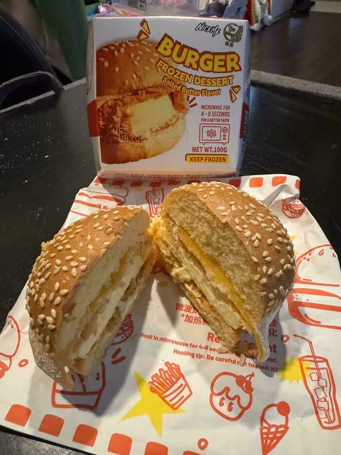 A burger-shaped frozen dessert sliced in half, an example of unusual creations.