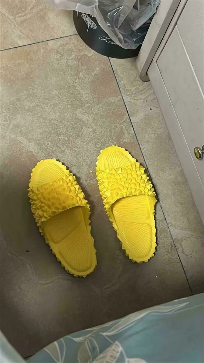 Bright yellow sandals textured like durian fruit, representing awful creations that are far too well-made to ignore.