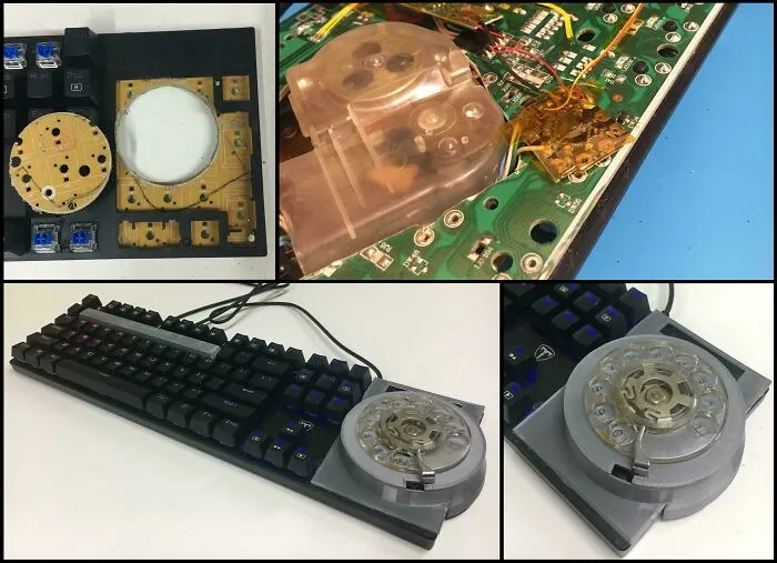 Awful creations showing a mechanical computer keyboard modded with a vintage rotary phone dial