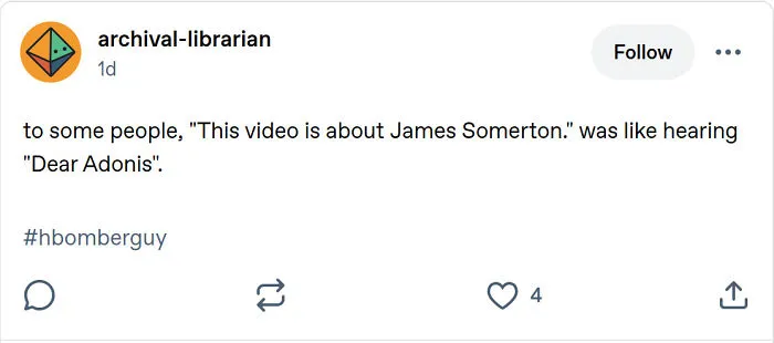 Text snippet showing funny and random posts from Tumblr mentioning James Somerton and hbomberguy.