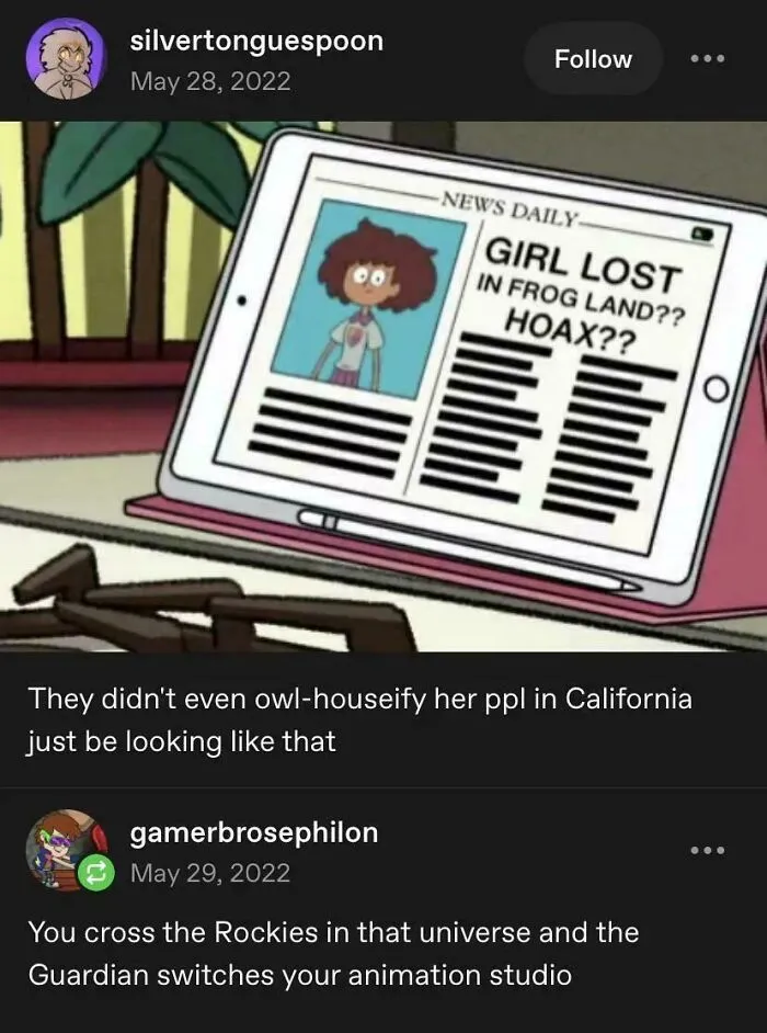 Screenshot of funny and random posts from Tumblr featuring a news headline about Amphibia.