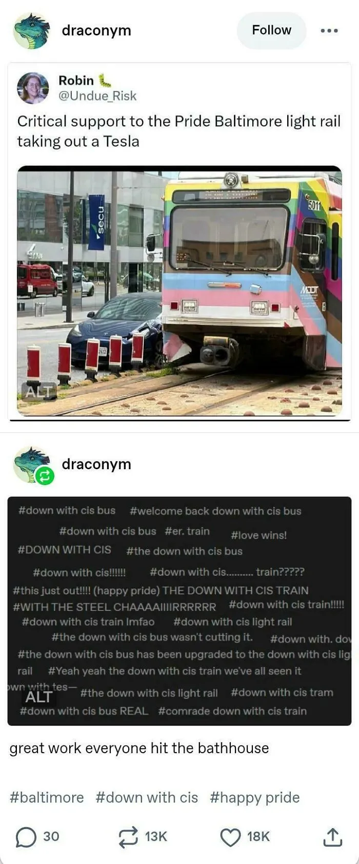 Funny post on Tumblr showcasing a Pride light rail train colliding with a car.