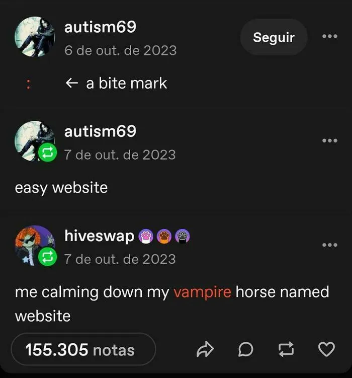 Funny post on Tumblr featuring a joke about a bite mark and a vampire horse.