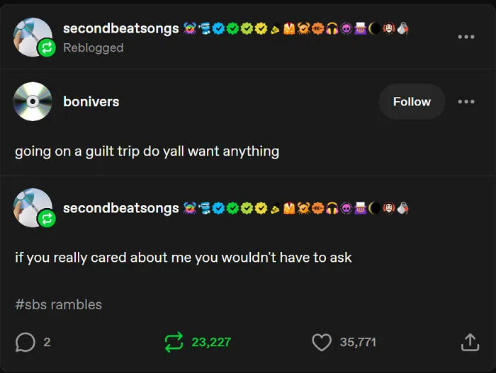 Funny and random posts screenshot of a humorous guilt trip text interaction.