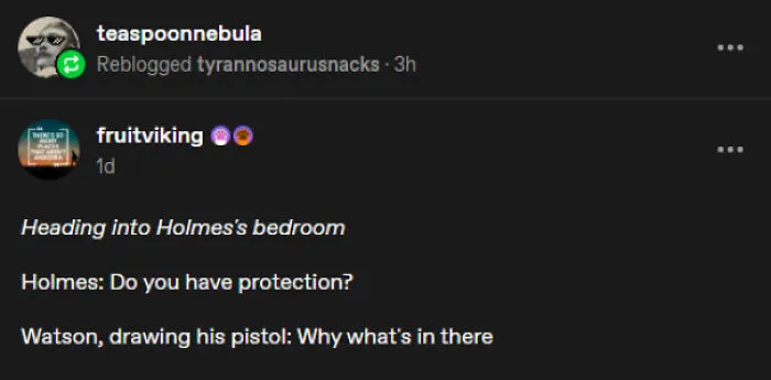 Funny post from Tumblr featuring a dialogue joke about Sherlock Holmes and Watson asking for protection
