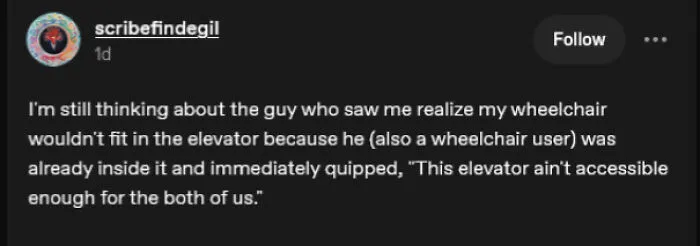 Funny post from Tumblr about a humorous elevator interaction between two wheelchair users