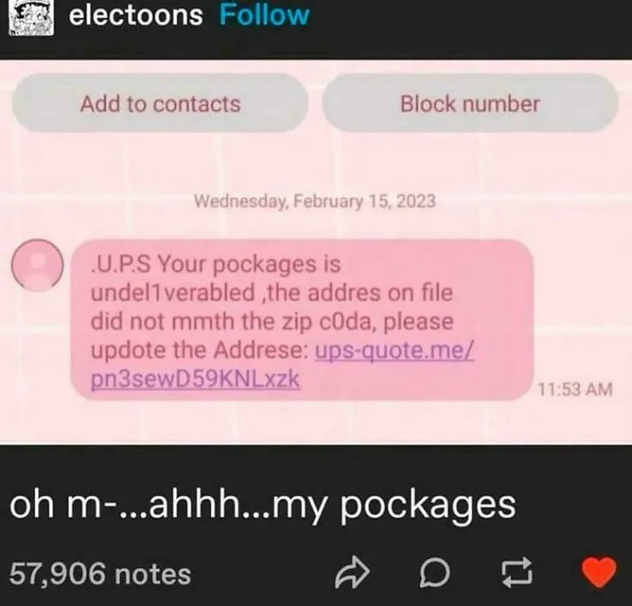 Random post from Tumblr showing a text scam about an undelivered package and a humorous reply