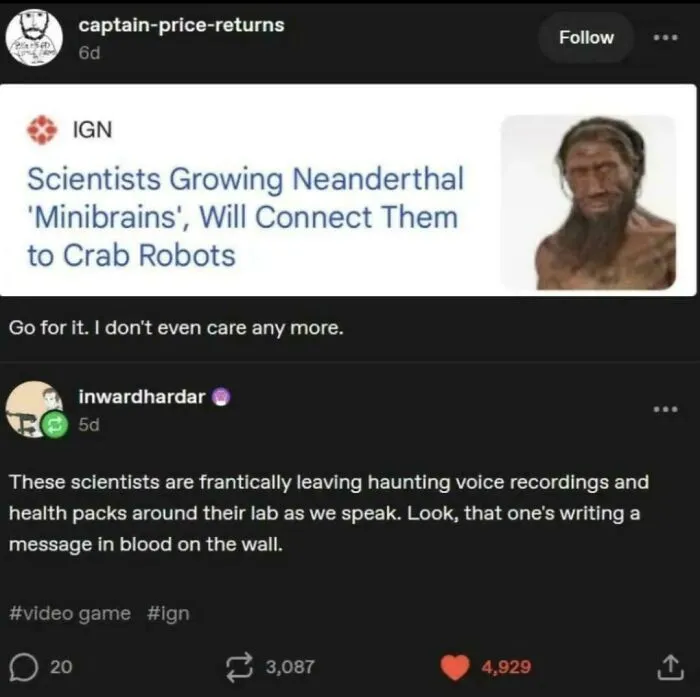 Funny Tumblr post showing a headline about Neanderthal mini-brains and a joke about video game horror tropes.