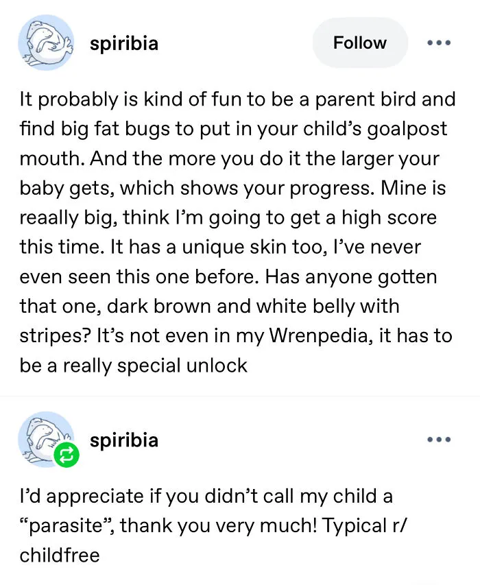 Random post from Tumblr framing brood parasitism in birds like a video game experience