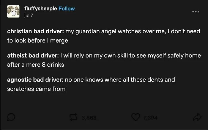 Funny text post from Tumblr about different types of bad drivers based on belief.