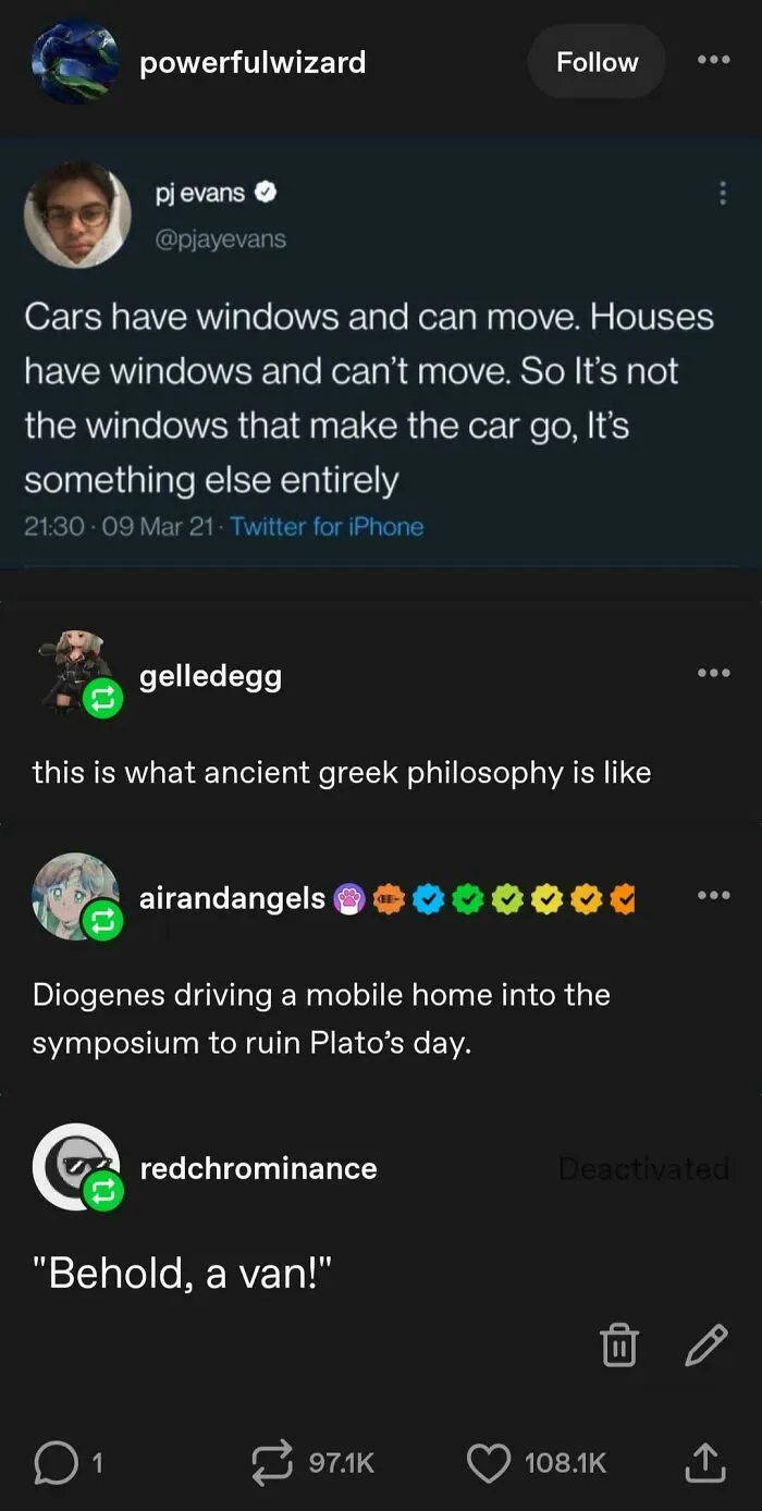 Funny and random posts from Tumblr thread joking about car windows and ancient Greek philosophy.