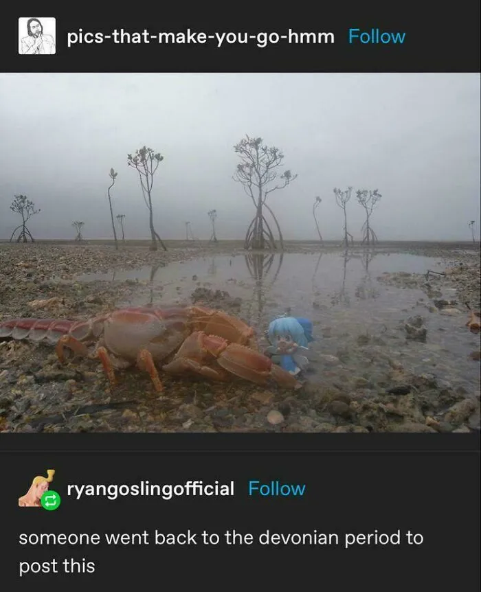 Crab and small figure standing on a muddy beach in a funny post from Tumblr.