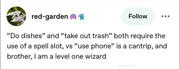 Screenshot of funny posts from Tumblr comparing daily chores to RPG spell slots.