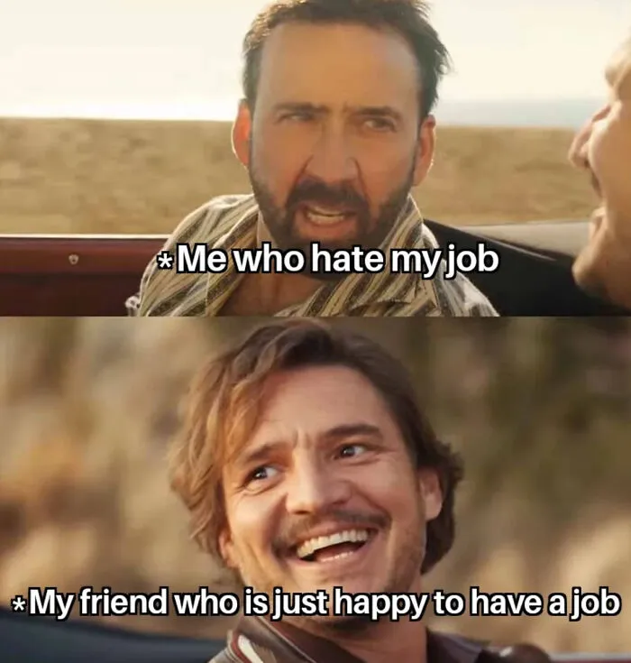 Relatable meme about programmers hating their job versus friends happy to have a job