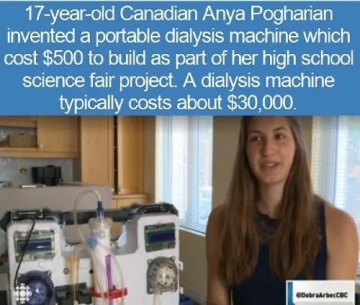 Canadian teen Anya Pogharian with her DIY dialysis machine, perfect trivia for a quiz night.