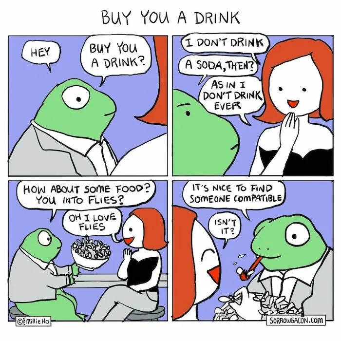 A funny comics panel showing a frog and a woman on a date, eventually finding compatibility over eating flies.