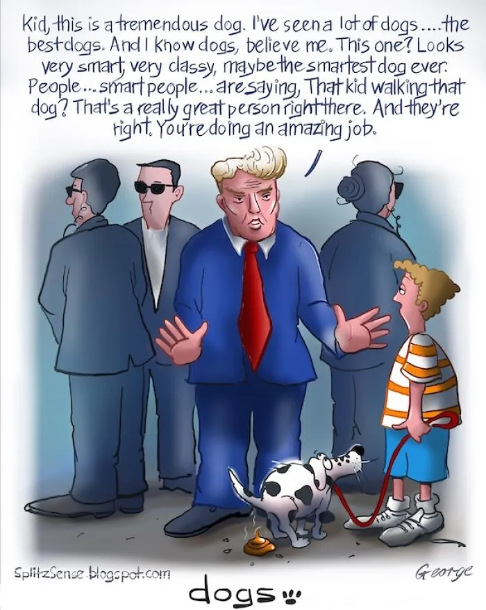 Funny dog logic comic of a public figure commenting on a boy walking his pet dog.