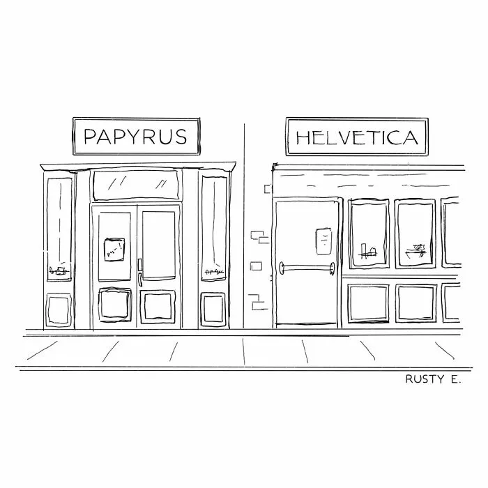 One-panel comic showing side-by-side storefronts named Papyrus and Helvetica