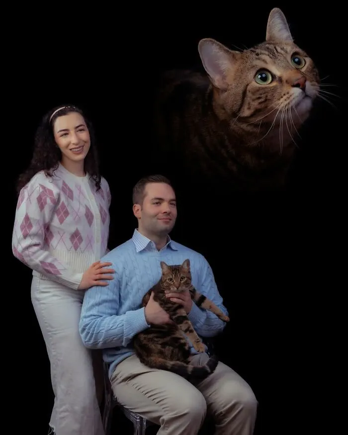 A quirky portrait of pets and their owners featuring a smiling couple holding a tabby cat, with a large tabby cat head floating above them.