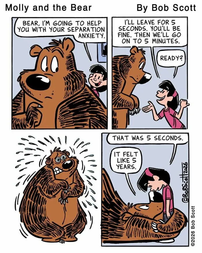This Cartoonist Imagines A Family Living With A Lovable Bear Who Is Afraid Of Almost Everything (40 Comics)