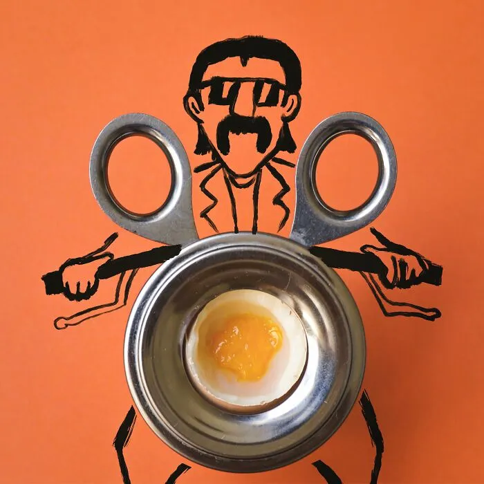 A creative illustration of an egg separator reimagined as a motorcycle ridden by a cartoon man on an orange background