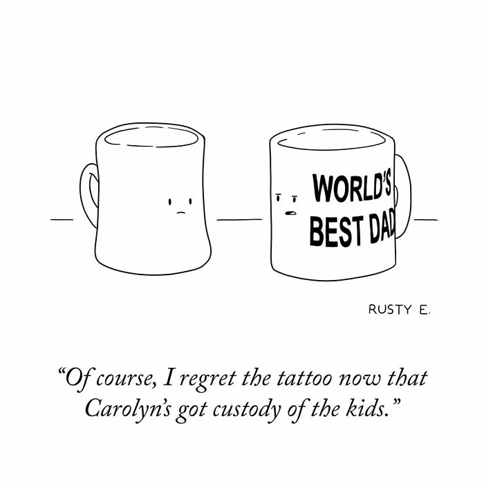 One-panel comic of two coffee mugs speaking about a World's Best Dad tattoo