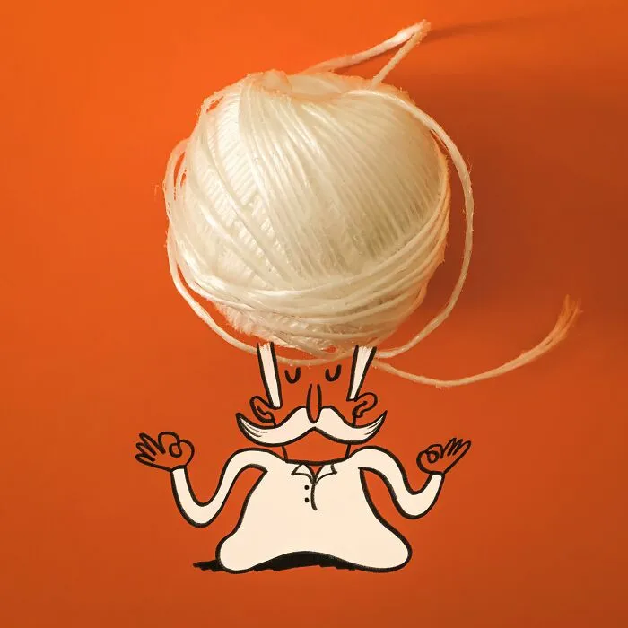 A white ball of yarn serves as hair for a meditating man in these playful illustrations by Romain Joly
