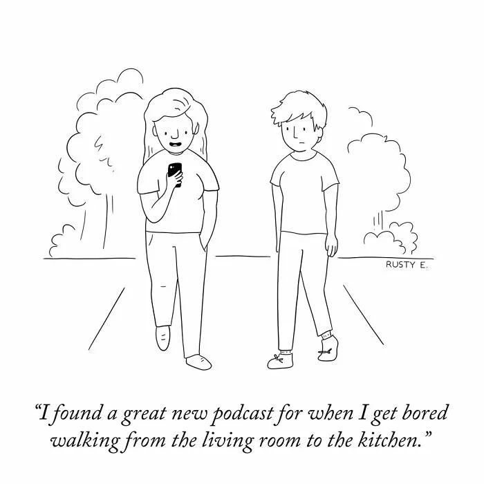 Two friends walking outdoors in a funny one-panel comic about finding a podcast for extremely short walks.