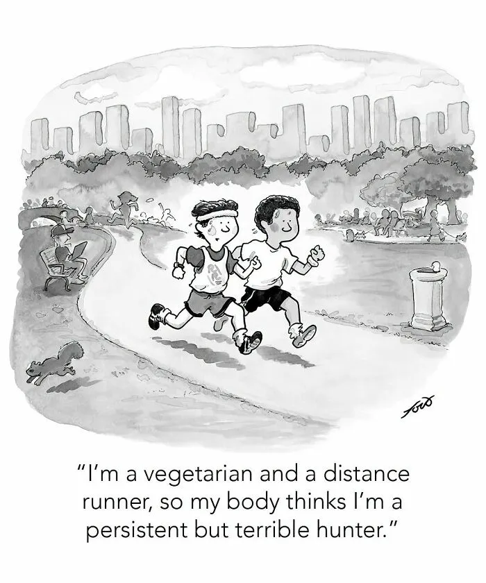 One-panel comic of two runners in a park with city skyline, reflecting on vegetarianism and running, by Tom Toro.