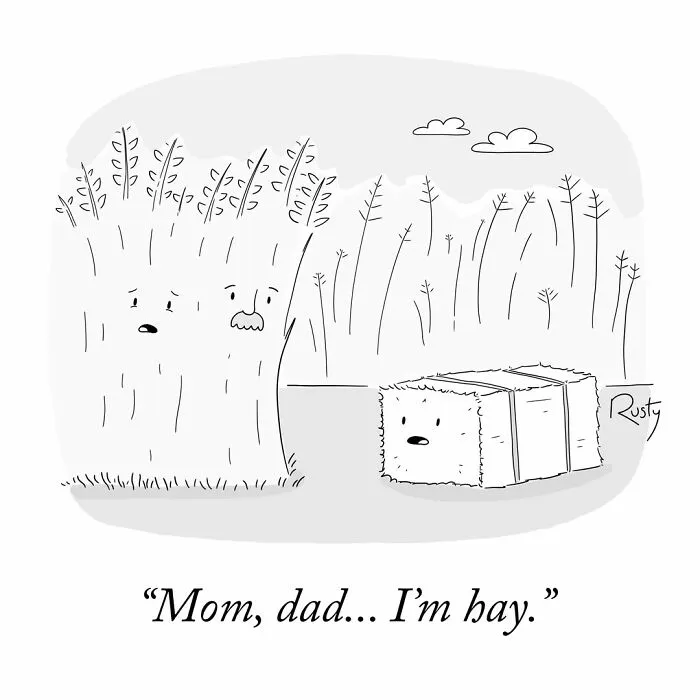 A humorous one-panel comic about a bale of hay coming out to its shocked parents.