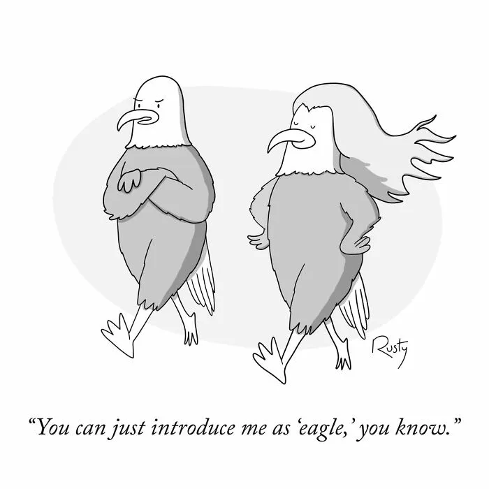 An entertaining one-panel comic showing two eagles with contrasting hairstyles walking together.