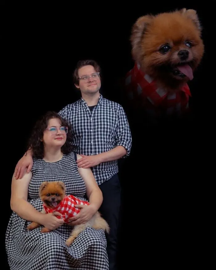 Quirky portrait of pets and their owners: a Pomeranian floating above a couple holding a small dog in a red bandana.
