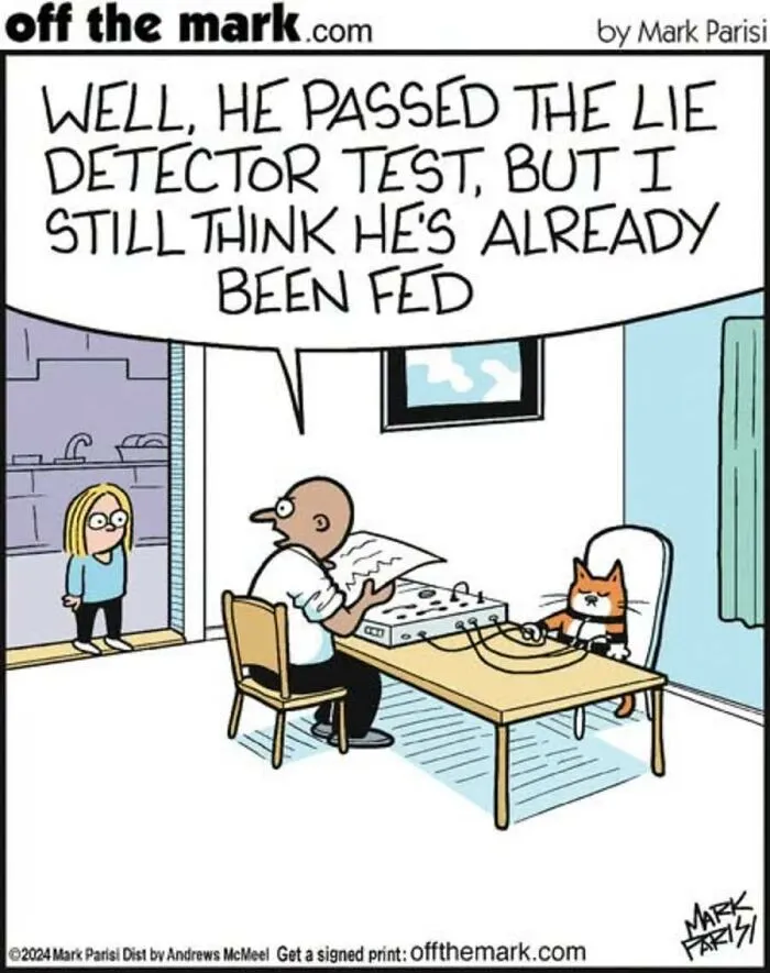 A comic by Mark Parisi depicting a cat taking a lie detector test about being fed.
