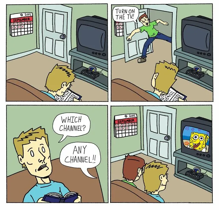 One And Only Comics panel depicting a dramatic reaction to a TV screen showing SpongeBob on September 11, 2001.