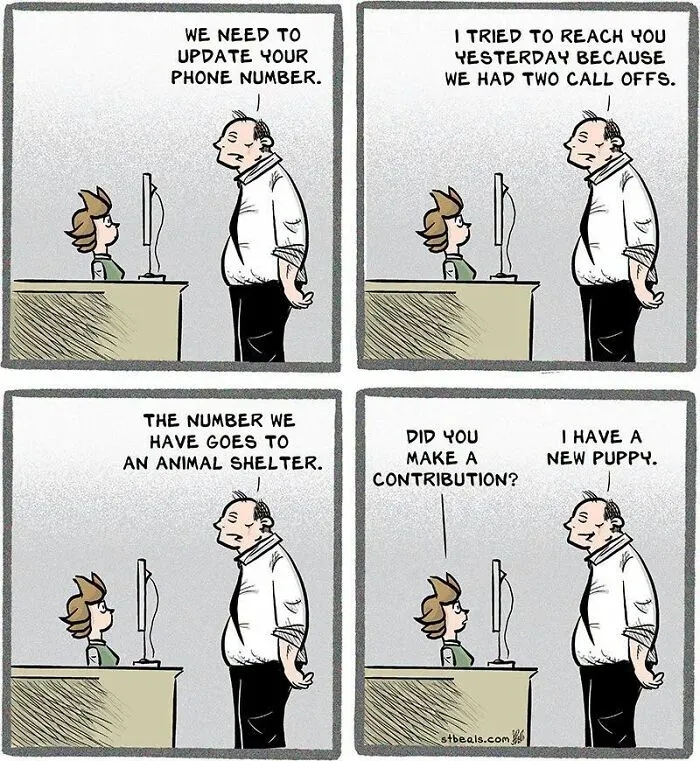 Comic showing updating phone number leads to animal shelter mix-up in retail life humor