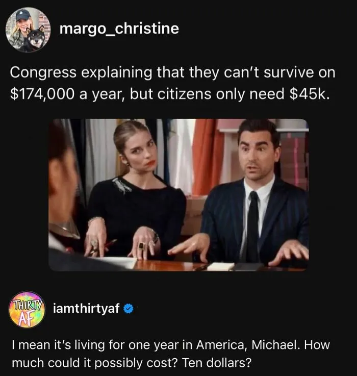 Social media post discussing congress salaries with funny millennial memes tone