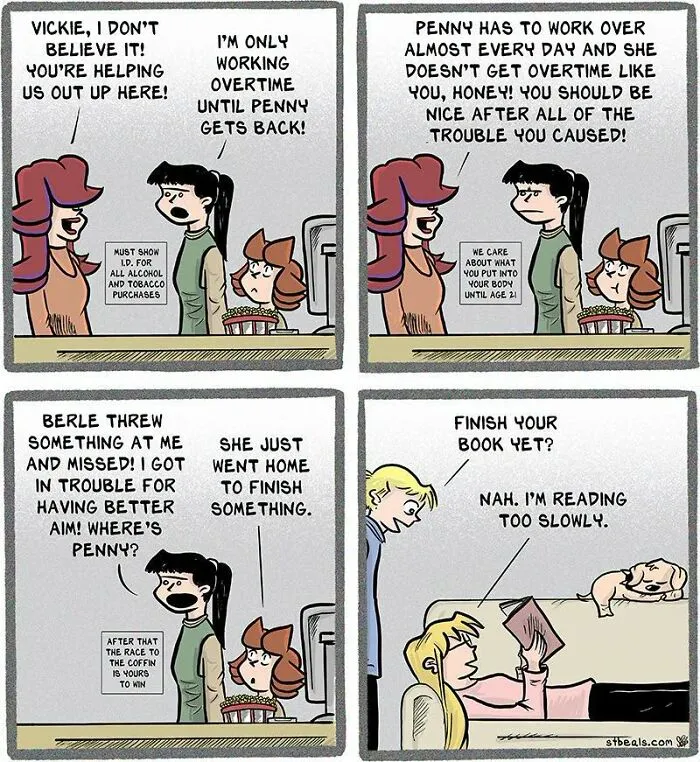 Retail comic showing employees discussing overtime and unfair work conditions