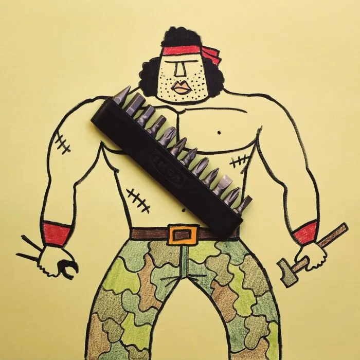 Action hero with an IKEA screwdriver bit holder as a bandolier in playful illustrations