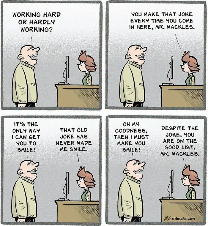 Comic strip with retail worker and customer exchanging jokes about working hard