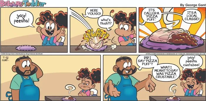 A comic strip about a dad trying to make a pizza puff for his toddler, but it turns out to be a pizza crustable. Parenting a toddler.