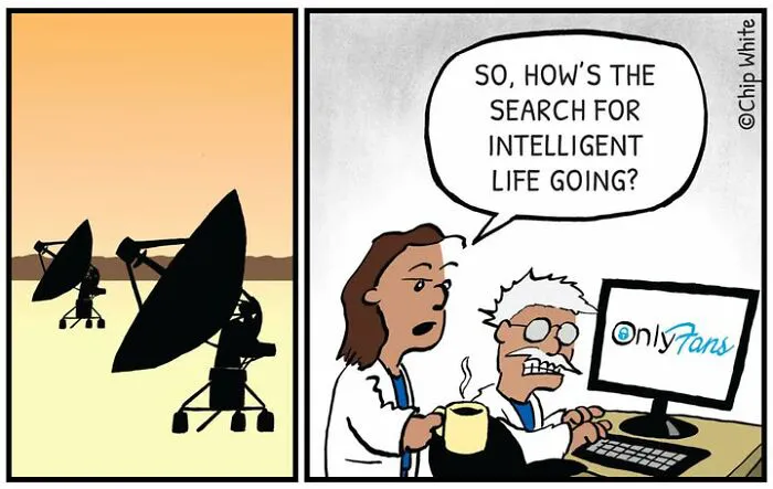 Blob Life Comics panel showing a scientist looking at OnlyFans on a computer instead of searching for alien life.