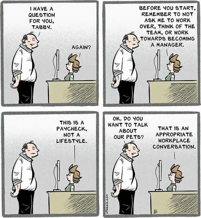 Retail comic with manager advising employee about work and pets