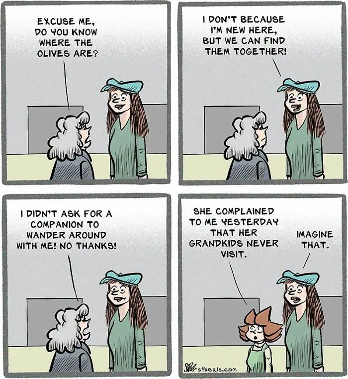 Comic cartoon showing customers asking about products in retail store