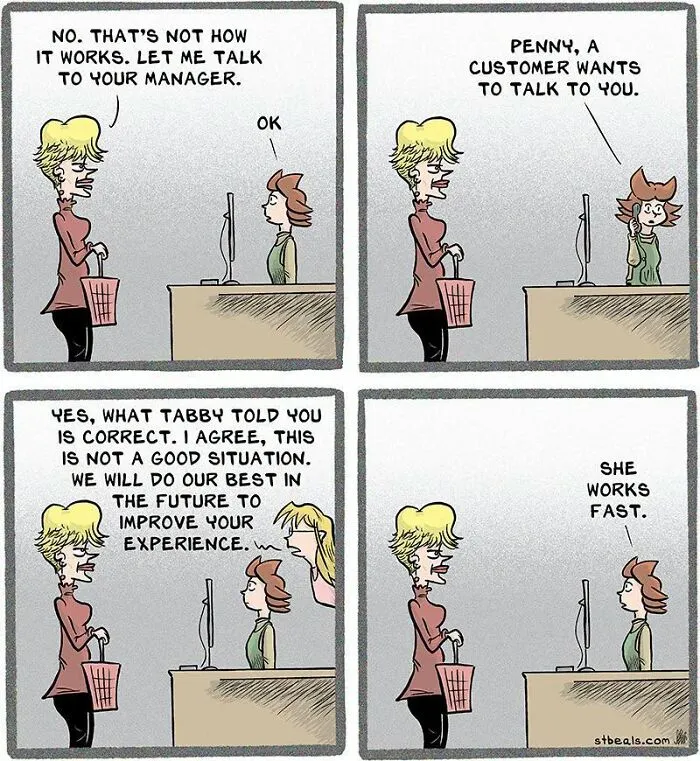 Retail comic featuring employee dealing with customer complaints and manager call