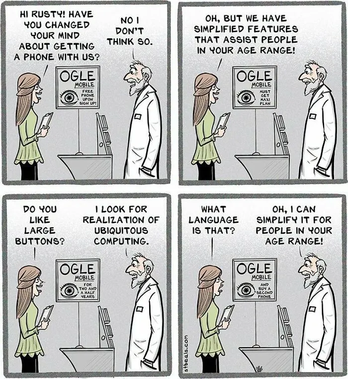 Comic strip about selling mobile phones with features for older customers in retail